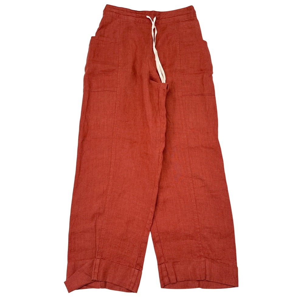 Flax Linen Pants Womens Size Small Burnt Orange Relaxed Baggy Elastic Waist